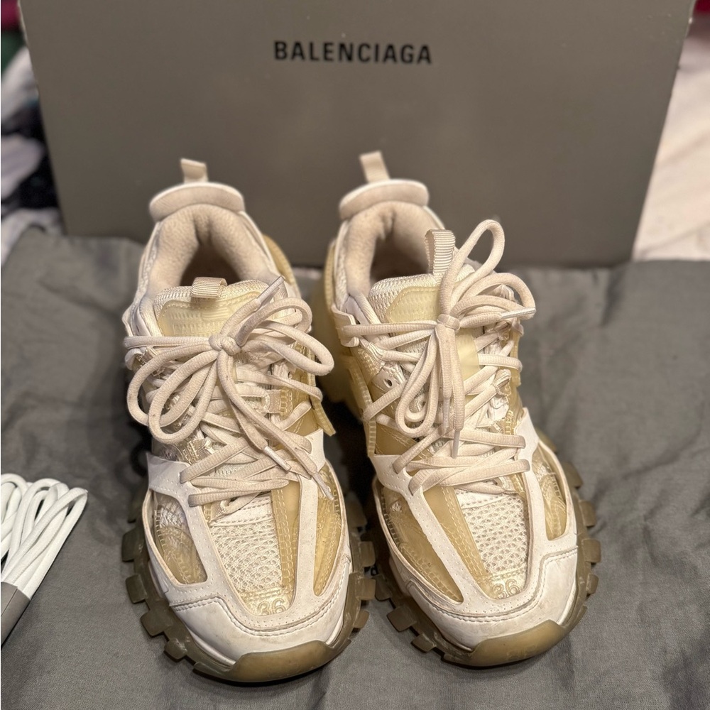 Balenciaga Off-White and Tan Track S Sneakers